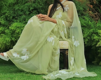 Hand-Painted Chiffon Saree: Dogwood Flowers with custom blouse
