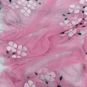 Hand-Painted Pink Chiffon Saree: Bollywood Partywear Sari with Unstitched Blouse