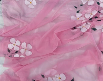 Hand-Painted Pink Chiffon Saree: Bollywood Partywear Sari with Unstitched Blouse