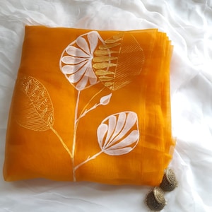 Orange Hand-Painted Floral Organza Dupatta: Ethnic Scarf