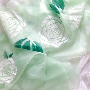 Hand-Painted Green Organza Saree: White Roses with custom blouse