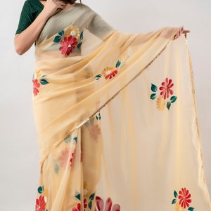 Hand Painted Golden Organza Saree , Indian Saree for girls & women, Floral Organza saree, Customised Handmade Saree, Sabysachi saree image 7