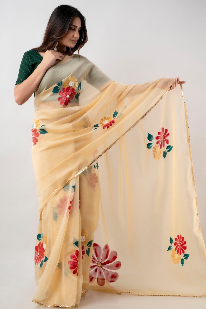 Hand Painted Golden Organza Saree , Indian Saree for girls & women, Floral Organza saree, Customised Handmade Saree, Sabysachi saree image 7