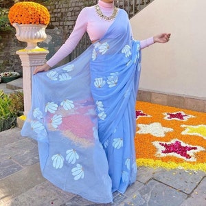 Hand-Painted Blue Chiffon Saree: Floral Print Bollywood Sari