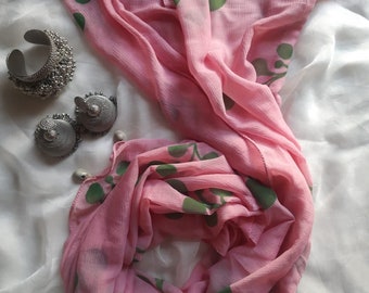 Hand-Painted Chinon Silk Scarf, Lightweight Peach Scarf with Green Leaves