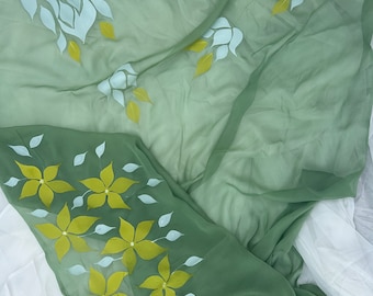 Hand Painted Green Chiffon Saree | Floral Indian Wedding Guest Outfit | Designer Ethnic Wear | Festive Party Sari | Modern Traditional