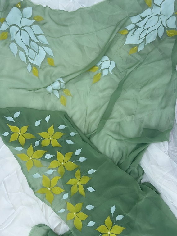 Green Hand-Painted Chiffon Saree: Indian Wedding Party Sari