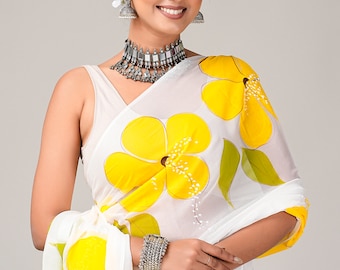 Hand-Painted Chiffon Saree: White Floral Indian Sari with custom Blouse