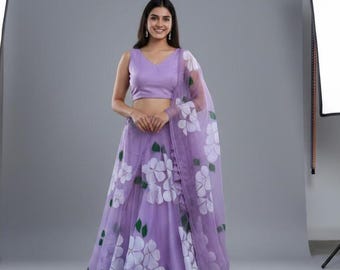 Lavender Hand-Painted Organza Lehenga Set: Chiffon Dupatta, Satin Blouse