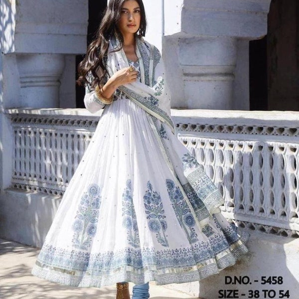 Pure Cotton Block Printed Anarkali Suit With Pant And Dupatta Set, Georgette Anarkali Suit, Readymade Dress, Anarkali Dress For Women