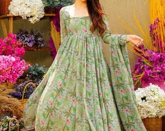 Square Neck Romantic Georgette Dress. Soft, Mid Calf Summer/Event/Vacation Dress, Flower Printed Dress, Anarkali Dress For Women