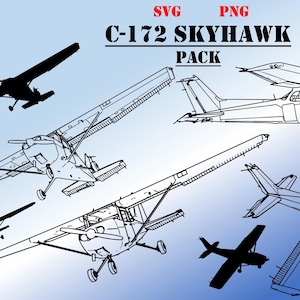May include: A set of six black and white line drawings of a C-172 Skyhawk airplane in various positions. The drawings are on a blue gradient background. The text "SVG PNG C-172 SKYHAWK PACK" is at the top of the image.