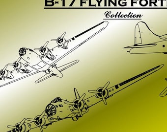 B-17 Flying Fortress Aircraft Collection (SVG & PNG formats) Digital Military Drawings. Ten (10) line drawings.
