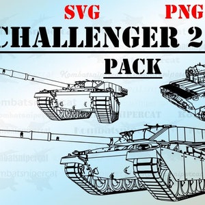 Puede incluir: Un dibujo en blanco y negro de un tanque de batalla principal Challenger 2. El tanque se muestra en tres vistas diferentes: frontal, lateral y superior. La imagen está etiquetada como "SVG" y "PNG" y "CHALLENGER 2 MBT PACK".