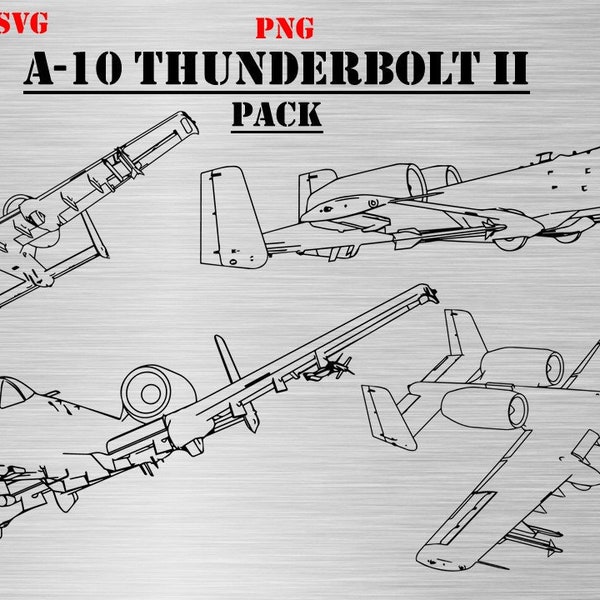 A-10 Thunderbolt II-vliegtuigpakket (SVG- en PNG-formaten) Digitale militaire voertuigtekeningen. Tien (10) lijntekeningen