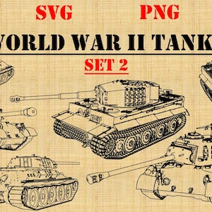 Può includere: Un set di sei disegni in bianco e nero di carri armati della seconda guerra mondiale. I carri armati sono disegnati in uno stile semplice e sono etichettati con i loro nomi. Il titolo del set è "World War II Tanks Set 2".