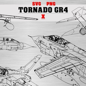 Könnte beinhalten: Schwarz-Weiß-Strichzeichnungen eines Tornado GR4-Flugzeugs aus verschiedenen Perspektiven. Der Text "SVG PNG TORNADO GR4 X" ist in Rot und Schwarz dargestellt. Das Logo Digital Military Art befindet sich unten links.