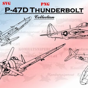 以下が含まれることがあります： 4機のP-47Dサンダーボルト戦闘機の白黒線画。飛行機はそれぞれ異なる位置にあり、一部は前方、一部は側面を向いています。図はピンクとブルーの背景に描かれており、上部に「SVG」と「PNG」、中央に「P-47D THUNDERBOLT Collection」の文字が書かれています。