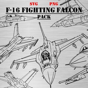 May include: A digital illustration pack featuring multiple views of the F-16 Fighting Falcon aircraft. The black and white line drawings showcase the jet from various angles, including top, side, and front views. The pack includes SVG and PNG file formats.