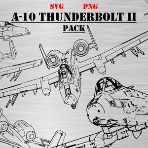 May include: A-10 Thunderbolt II Pack SVG and PNG digital download.  Five black and white line drawings of the A-10 Thunderbolt II aircraft.  The aircraft are shown in various angles and positions.