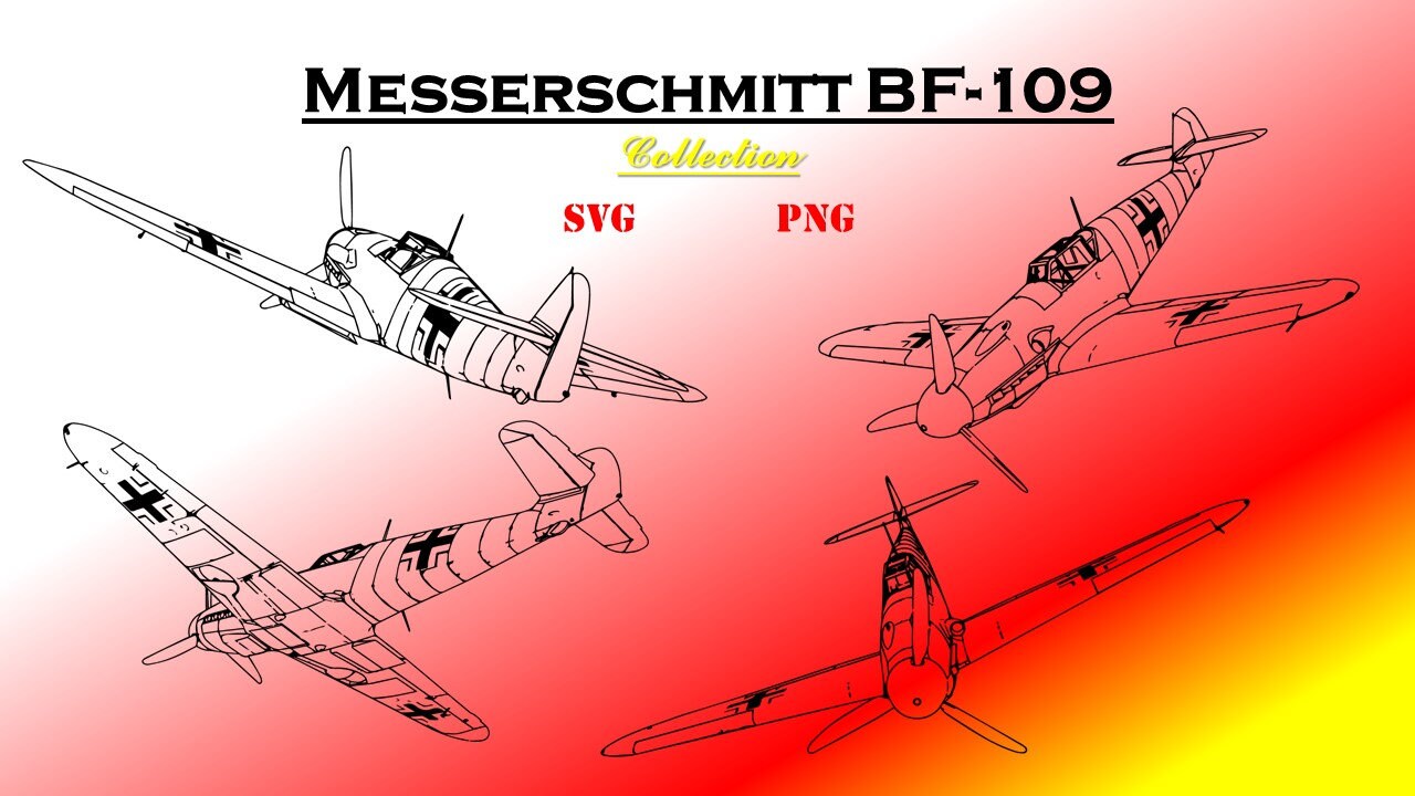 Messerschmitt BF-109 Aircraft Line Drawings (SVG & PNG, Digital