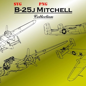 B-25 Mitchell Aircraft Collection (SVG & PNG formats) Digital Military Drawings. Ten (10) line drawings.