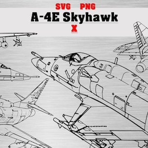 May include: Line drawings of the A-4E Skyhawk aircraft in various views. The image includes the text "SVG PNG A-4E Skyhawk X" at the top and "DIGITAL MILITARY ART" in a box at the bottom left. The drawings are in black and white.