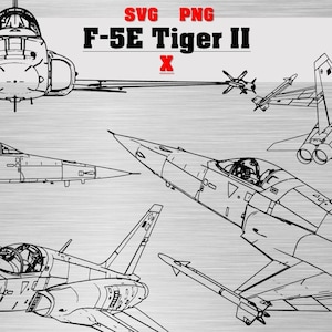 以下が含まれることがあります： さまざまな角度から見たF-5E Tiger II戦闘機の線画イラスト。画像には「SVG PNG F-5E Tiger II X」と「DIGITAL MILITARY ART」の文字が含まれています。