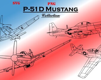 North American P-51D Mustang Aircraft Collection (SVG & PNG formats) Digital Military Vehicle Drawings. Ten (10) line drawings