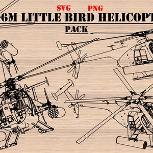 May include: A digital download pack of four line drawings of AH-6M Little Bird helicopters. The drawings are in black and white and show the helicopters from different angles.