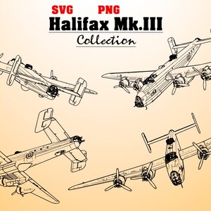Puede incluir: Ilustración en blanco y negro de cuatro bombarderos Halifax Mk.III desde varias perspectivas. La imagen incluye el texto "SVG PNG Halifax Mk.III Collection" en negro y rojo. El fondo es un degradado amarillo-naranja.