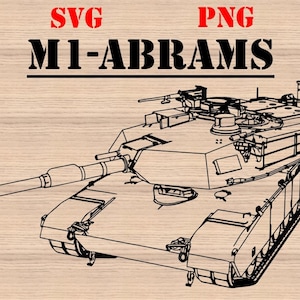M1-Abrams Tank (SVG & PNG formats) Digital Military Vehicle Drawing. one (1) line drawing.