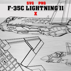 May include: Black and white line art illustration of an F-35C Lightning II fighter jet, with multiple views of the aircraft. The image includes the text "SVG PNG" and "F-35C LIGHTNING II X". The bottom left corner has the text "DIGITAL MILITARY ART".