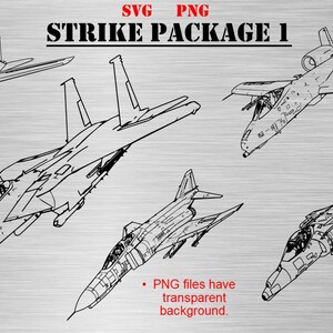 Digital Military Aircraft drawings. Set 1; A-10, AV-8, F-4, F-14 and F-15. (PNG & SVG Formats) Each aircraft has its own file.