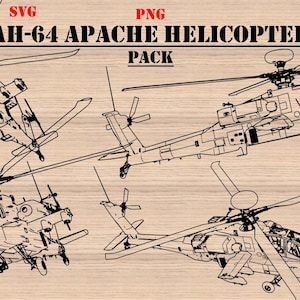 May include: A digital download pack of four line drawings of an AH-64 Apache helicopter. The drawings are in black and white and show the helicopter from different angles.