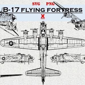 B-17 Flying Fortress SVG & PNG formats. EXTRA Pack. Digital Military Drawings. Twenty (20) line drawings and Twenty (20) Silhouettes.