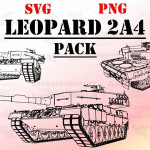 Puede incluir: Ilustración en blanco y negro de línea de arte de tres tanques Leopard 2A4. La imagen incluye el texto "SVG LEOPARD 2A4 PACK PNG".