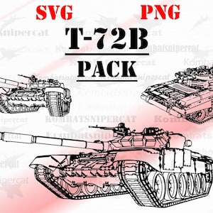 May include: A black and white line drawing of a T-72B tank. The tank is shown from three different angles. The image includes the text "SVG" and "PNG" at the top of the image and "T-72B PACK" in the centre of the image.