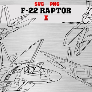 以下が含まれることがあります： F-22ラプター戦闘機の複数のビューの線画イラスト。画像には「SVG PNG F-22 RAPTOR X」と「DIGITAL MILITARY ART」の文字が含まれています。デザインは白黒です。