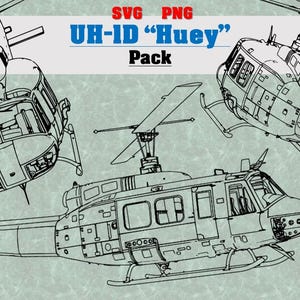 Puede incluir: Ilustración en blanco y negro de un paquete de helicópteros UH-1D "Huey". La imagen presenta múltiples vistas del helicóptero, incluyendo perfiles superior y lateral. El texto incluye "SVG PNG UH-1D Huey Pack" y "DIGITAL MILITARY ART".