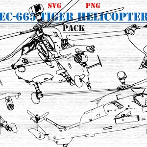 Może przedstawiać: Czarno-biały rysunek trzech helikopterów EC-665 Tiger. Helikoptery są pokazane w różnych kątach i pozycjach. Obraz zawiera tekst "EC-665 Tiger Helicopter Pack".