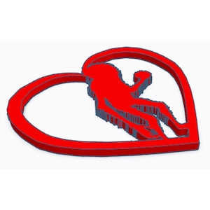 May include: A red heart-shaped design with a silhouette of a person climbing. The climber is also red, with a blue outline, and is positioned within the heart's center. The design is 3D, with a white background.