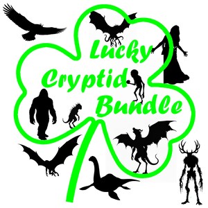 Op de afbeelding: Een grafisch ontwerp met zwarte silhouetten van cryptiden, waaronder een draak en Bigfoot, gerangschikt rond een groene klaver. De tekst "Lucky Cryptid Bundle" is geschreven in groene letters.