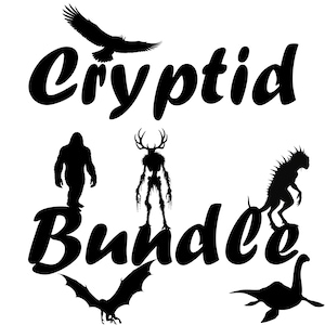 May include: Black and white graphic featuring the word "Cryptid Bundle" with illustrations of a Bigfoot, a bat, a lake monster, a creature with antlers, a dragon-like creature, and an eagle.