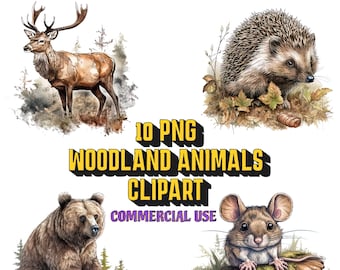 Charming Watercolor Woodland Animals Clipart - 10 PNG Bundle, Forest Wildlife, Bear, Wolf, Rabbit, Owl, Deer, Mouse, Raccoon, Commercial Use