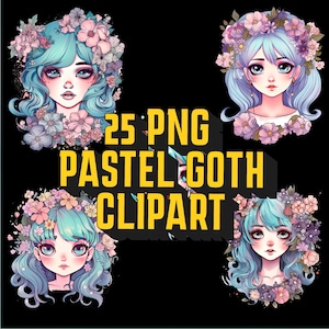 Cute Pastel Goth Clipart Girl with Flowers | Pastel Goth Clip art bundle for Planners, Stickers, Scrapbooking | Kawaii Stickers PNG pack