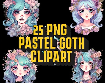 Cute Pastel Goth Clipart Girl with Flowers | Pastel Goth Clip art bundle for Planners, Stickers, Scrapbooking | Kawaii Stickers PNG pack
