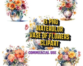 Elegant Watercolor Vase with Flowers Clipart 15 PNG Bundle, Watercolor Flower Clip Art, Commercial Use, Hand Drawn Flowers in Vase Stickers