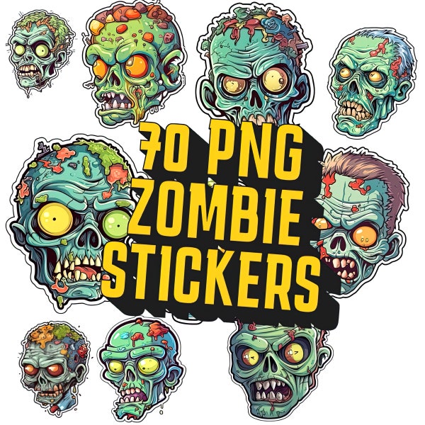 Undead Sticker Bundle | Zombie Decals 70 PNG Digital | Zombie Sticker Sheet | Transparent Background for Halloween & Horror Enthusiasts