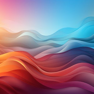 Puede incluir: Arte digital abstracto con olas fluidas y superpuestas en tonos naranja, rojo, azul y morado. Los colores degradados se mezclan a la perfección, creando una sensación de profundidad y movimiento. La obra evoca calidez y tranquilidad.